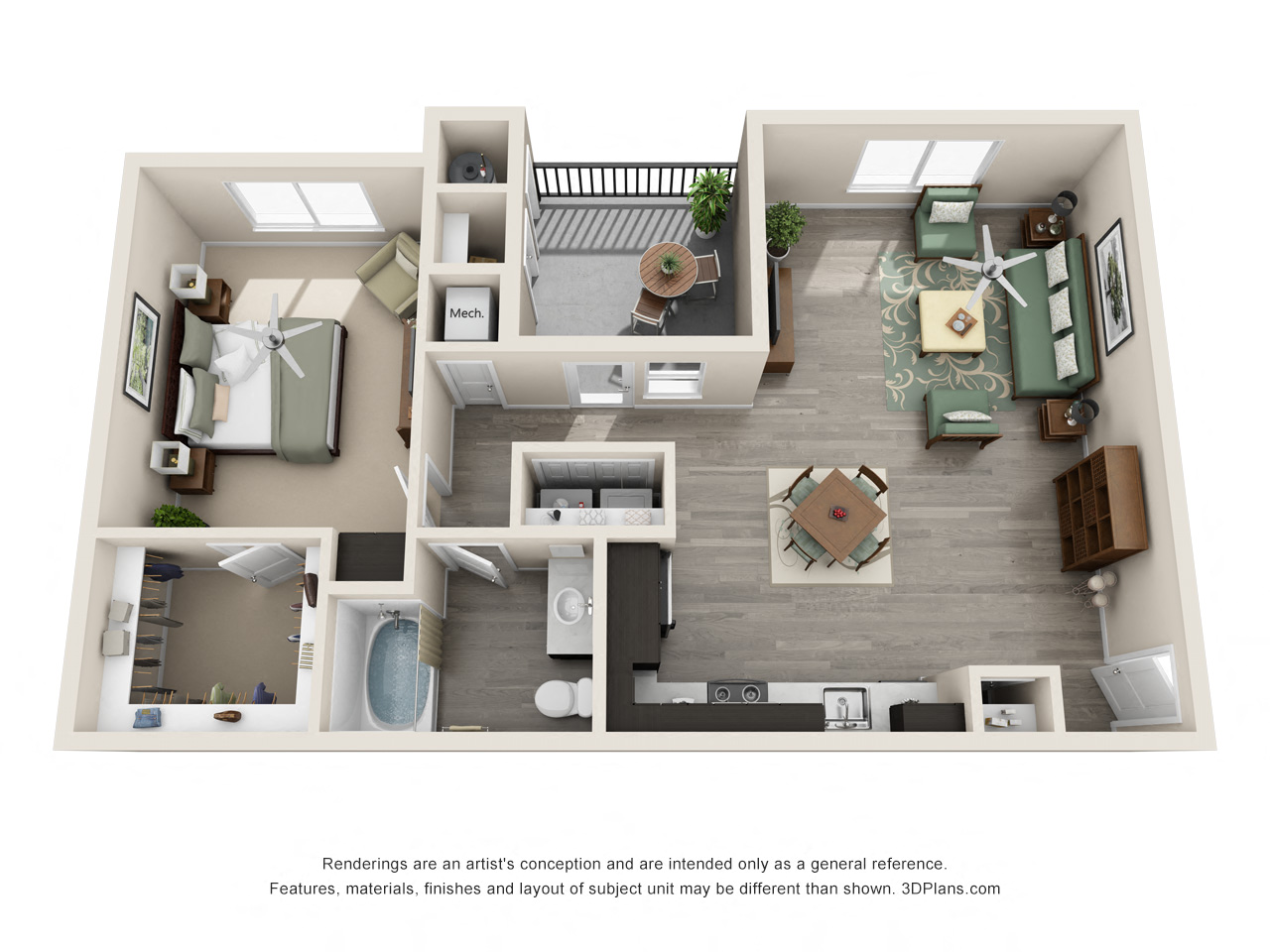 Floor plan for 1 bed, 1 bath, 884 sqft